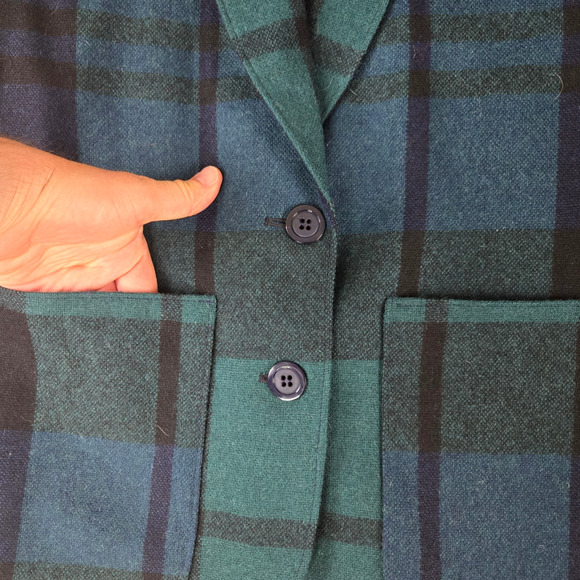 80s Vintage Pendleton Black Watch Green Navy Plaid Wool Deadstock Blazer Size 12 - Picture 3 of 9